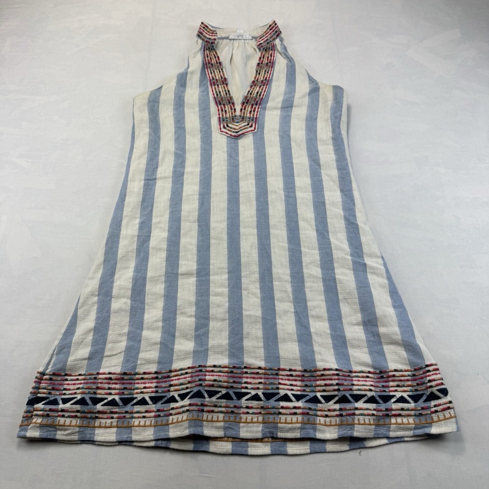 THML S Blue Ivory Stripe Halter Dress Embroidered Neck Hem